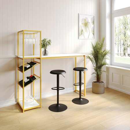 FLASH FURNITURE Jura Metal Bar and Wine Table w/2 Slanted Shelves for Bottle Storage and Hanging Glass, Gold Frame NAN-F-HY-B23102-GLDMRBL-GG